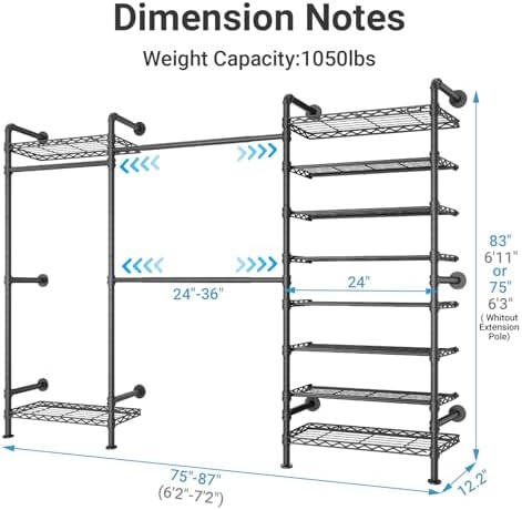 Timate S3 Wall Mounted Closet Organizer with Expandable Hanger Rods (24"...