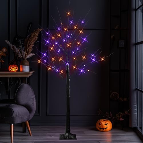 Dazzle Bright 2 Pack Halloween Lighted Up Birch Tree, Total 96 LED Purple and...