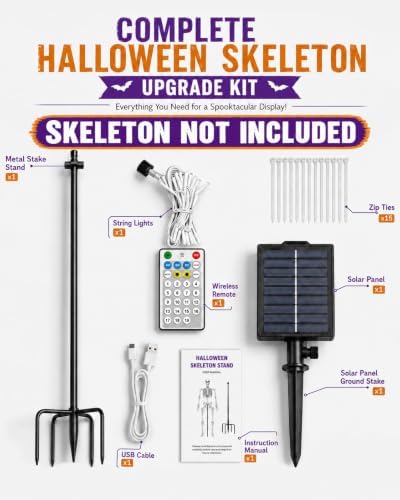 Halloween Skeleton Stand Kit & Solar String Lights,【Skeleton Not Included】
