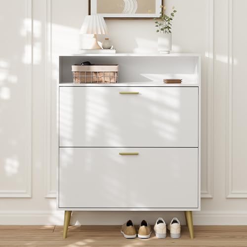 LYNSOM Modern Entryway Shoe Cabinet with 2 Flip Drawers and Open Storage, Whi...