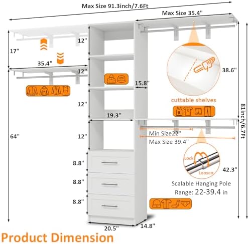 Closet System with Drawers, 5FT-8FT Closet Organizer System with Shelves &...