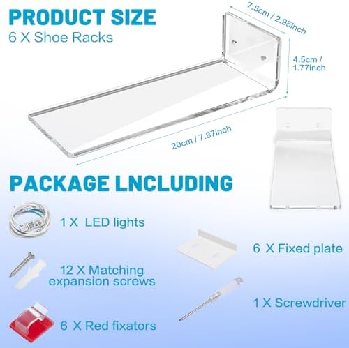 DILIBRA 6 Packs Floating Shoe Display Shelf with Light, Glow Color Changing