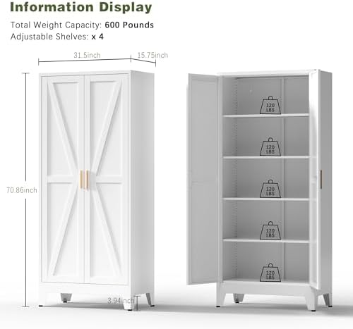 COFaR 5 Tier Metal Farmhouse Storage cabinets with Doors and Shelves, White