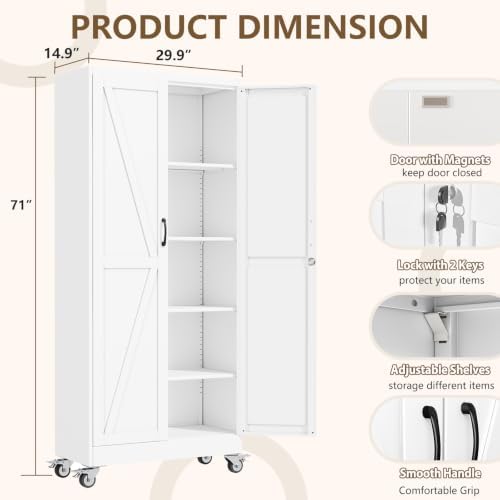 Metal Garage Storage Cabinet, 71”Tall Rolling Utility Cabinet White