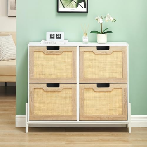 IDEALHOUSE Rattan Shoe Storage Cabinet with 4 Flip Drawers, Freestanding Shoe...