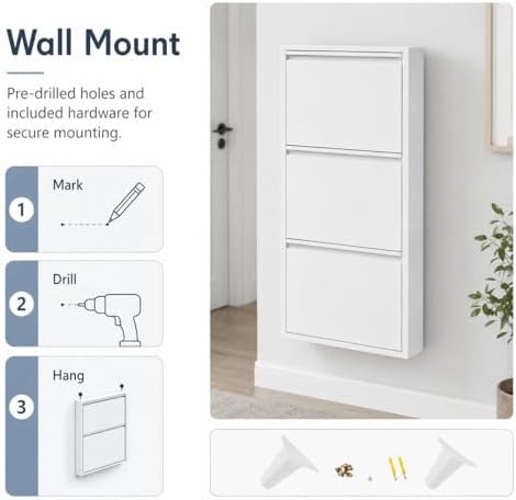 Wall Mounted Shoe Storage Cabinet, 3 Tiers 20 Inch Shoe Cabinet, White Flip-D...