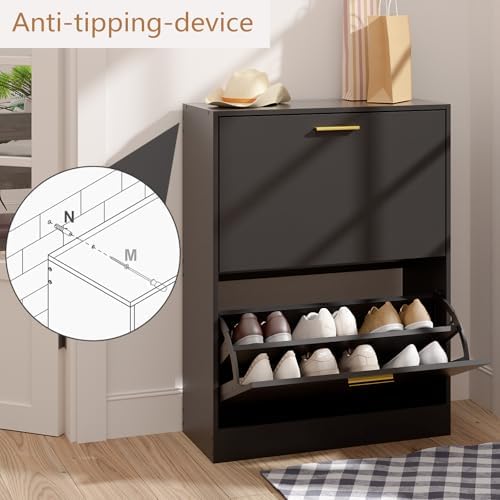 LYNSOM Entryway Shoe Cabinet Set of 2 with 2 Flip Drawers and Top Display, Bl...