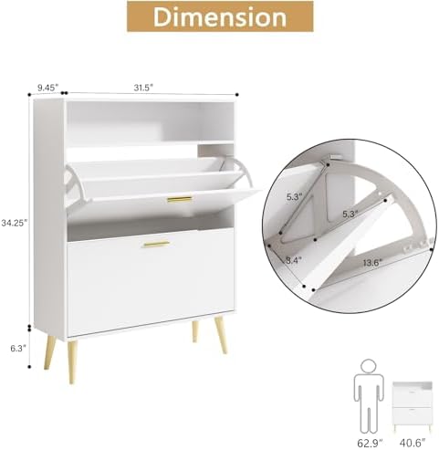 LYNSOM Modern Entryway Shoe Cabinet with 2 Flip Drawers and Open Storage, Whi...