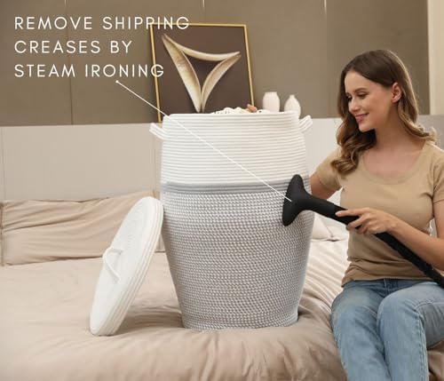 26"x20" Extra Large Tall Woven Laundry Basket with Lid, Cotton Rope...