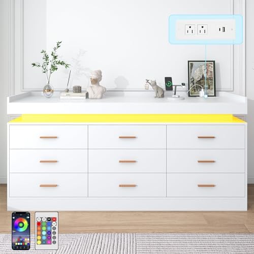 jiteentarou 9 Drawer Dresser with Charging Station and LED Lights, Modern Che...