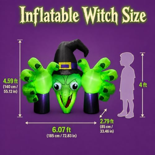 6FT Giant Halloween Inflatables Wicked Witch with Huge Grabbing Hands, LED Ha...