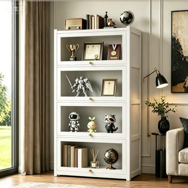 Display Cabinet with Doors, 4-Tier Bamboo Curio Cabinet for Small Space, Figu...
