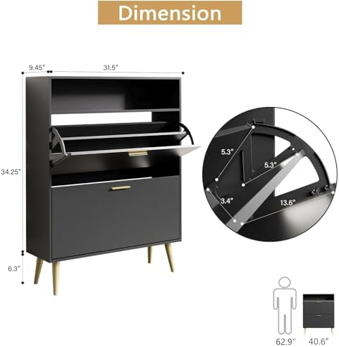 LYNSOM Modern Entryway Shoe Cabinet with 2 Flip Drawers and Open Storage, Bla...
