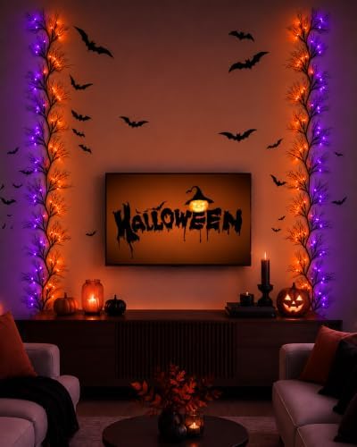 9 FT Halloween Twig Garland Decoration with 45 Purple and Orange LED Lights