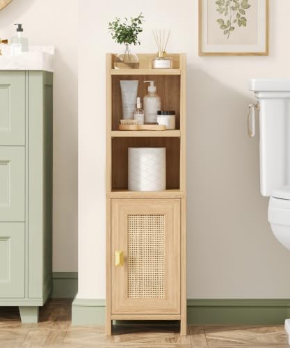 Akxomel Rattan Small Bathroom Storage Cabinet with 2 Open Shelves, Oak