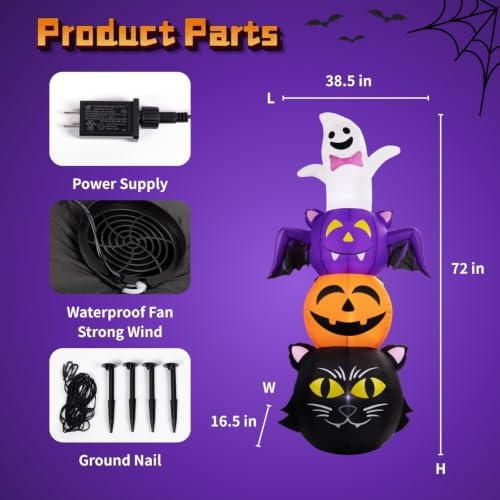 6 FT Halloween Inflatable Ghost Bat Pumpkin and Cat Stacking Yard Decor