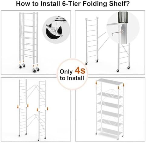 Himix 6-Tier Foldable Storage Shelves Expandable Shelf Wheels White 2-in-1