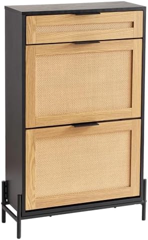 VEVOR Rattan Shoe Cabinet, Narrow Shoe Storage Organizer with 2 Flip Rattan D...