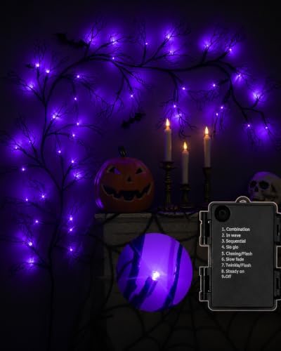 9 FT Halloween Twig Garland Decoration with 45 Purple LED Lights