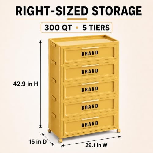 Foldable Storage Cabinet with Doors & Locking Wheels, 5-Tier Large-Capaci...
