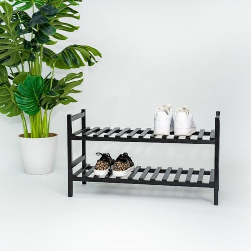 PJ Wood - Wooden 2 Tier Shoe Rack - 6 Pair Storage, Black