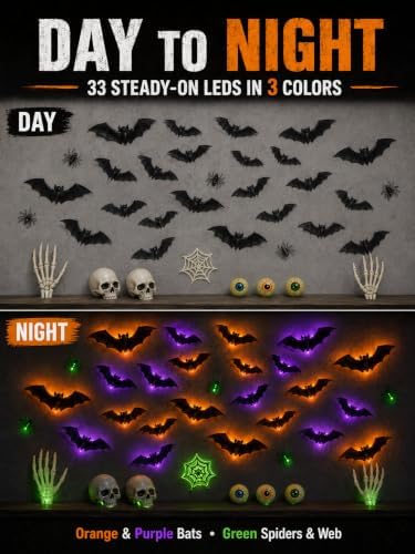 41 PCS 3D LED Halloween Bats Wall Decor with Spiders, Web & Skulls