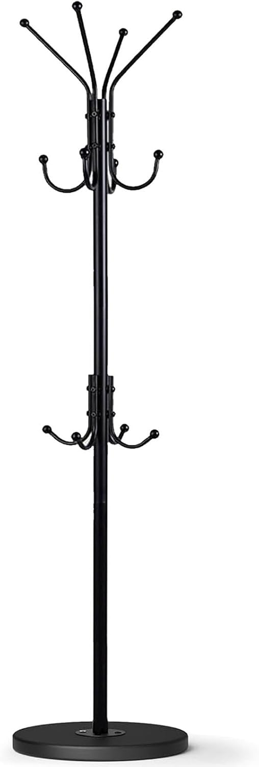 Freestanding Coat Rack, 12 Hook, Black Coat Stand with Wood Base