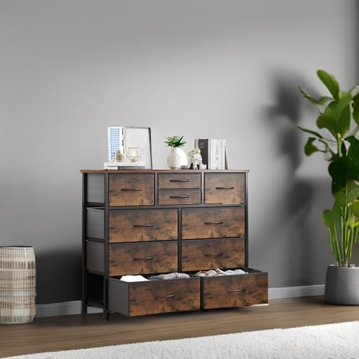 LUMTOK 10 Drawers Dresser with Fabric Bins for Bedroom,Closets,Rustic Brown