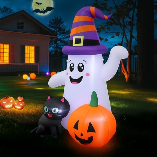 5 FT Halloween Inflatables, Cute Ghost with Pumpkin Black Cat Blow Up