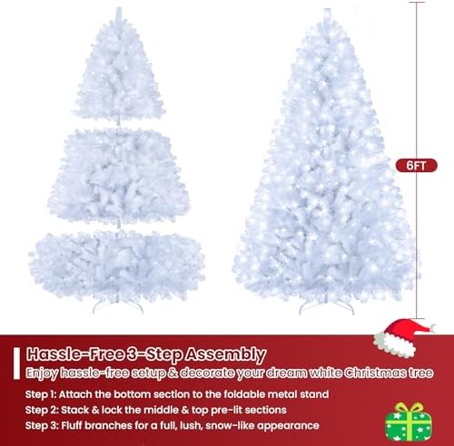 6ft White Prelit Christmas Tree with 300 LED White Lights, 726 Dense Branch T...