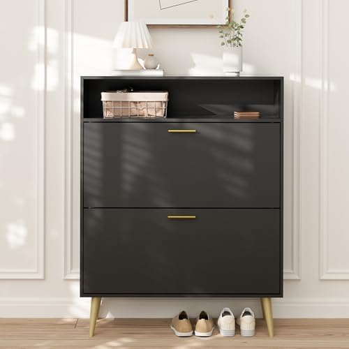 LYNSOM Modern Entryway Shoe Cabinet with 2 Flip Drawers and Open Storage, Bla...