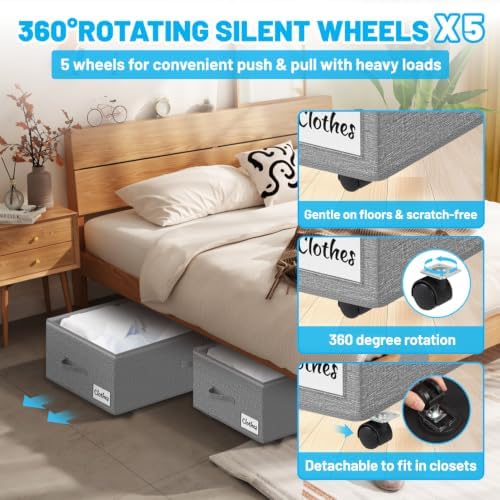 Under Bed Storage with Wheels, 3-Pack 10" Height XXL 75L Rolling Storage...