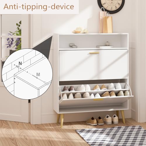 LYNSOM Modern Entryway Shoe Cabinet with 2 Flip Drawers and Open Storage, Whi...