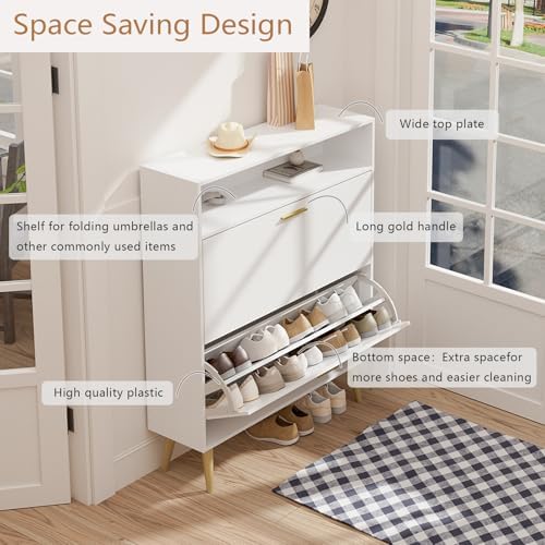LYNSOM Modern Entryway Shoe Cabinet with 2 Flip Drawers and Open Storage, Whi...