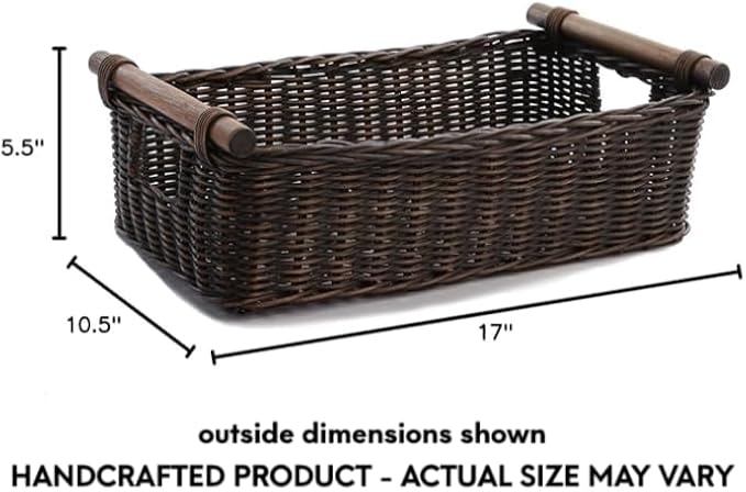 The Basket Lady Low Pole Handle Wicker Storage Basket, 17 in L x 10.5 in W x