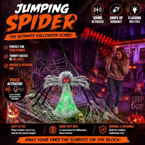 3 Pack 34" Halloween Animatronic Spiders Decor, Jumping Wriggling Climbing