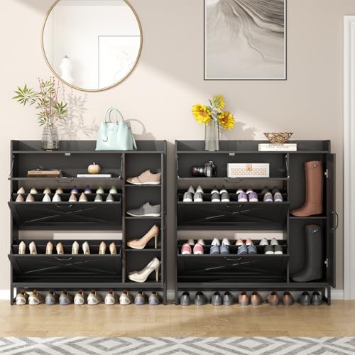 Free Standing Shoe Cabinet with 2 Flip Drawers and Adjustable Side Cabinet