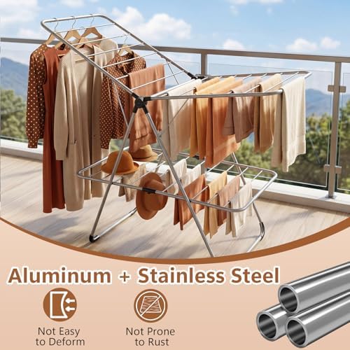 GIANTEX Foldable Clothes Drying Rack, 2-Tier Aluminum Laundry Drying Rack wit...
