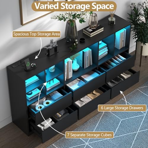 Black 6 Drawers Dresser with 7 Storage Cubbies, LED Lights, Power Outlets