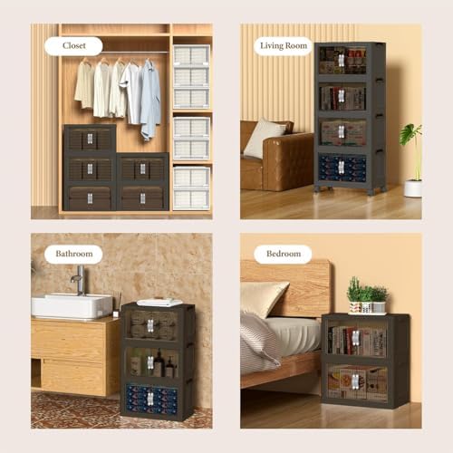 Collapsible Storage Bins with Lids and Front Doors, Heavy-Duty Stackable Plas...