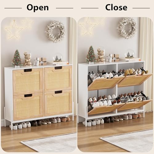 IDEALHOUSE Rattan Shoe Storage Cabinet with 4 Flip Drawers, Freestanding Shoe...