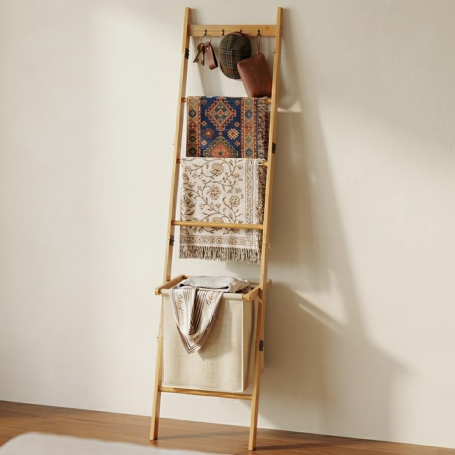 BAMBANG 6-Tier Blanket Ladder for Living Room, Blanket Quilt Ladder Rack Rust...
