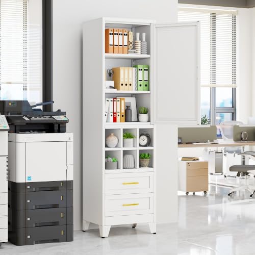 67" Tall Metal Pantry Cabinet, Narrow Freestanding Storage Cabinet, White