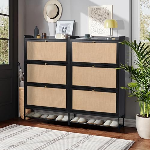 LEVNARY Shoe Cabinet for Entryway, Slim Shoe Cabinet with 3 Flip Drawers Narr...