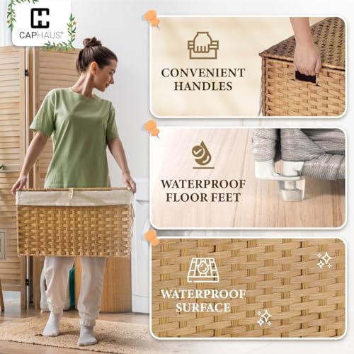 CAPHAUS Laundry Basket w/Lid, Synthetic Rattan Laundry Hamper w/Lid and Handl...