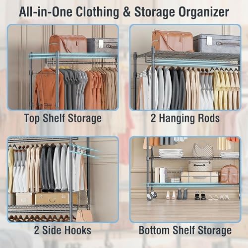 Homdox Rolling Clothes Rack Heavy Duty, 3-Tier Adjustable Wire Shelving Garme...