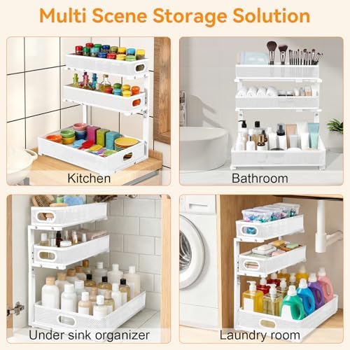 3 Tier Adjustable Under Sink Organizer for Bathroom & Kitchen(2Pack, White)