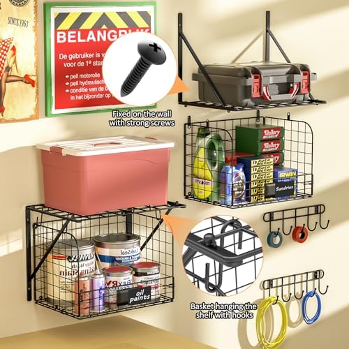 ThreeHio 2 Pack Garage Shelves Wall Mounted with Wire Baskets, Heavy Duty Gar...