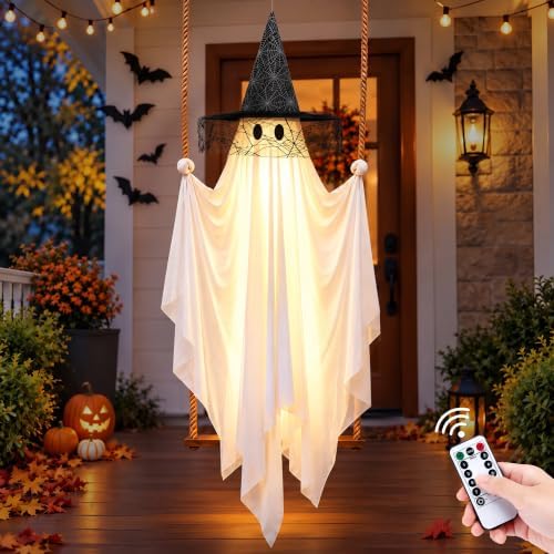 Halloween Swinging Ghost Outdoor Decor: 6.6FT Spooky Hanging Ghost with Hat