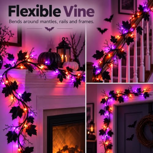 Halloween Garland with Orange & Purple Lights, 9 FT Black Maple Leaves